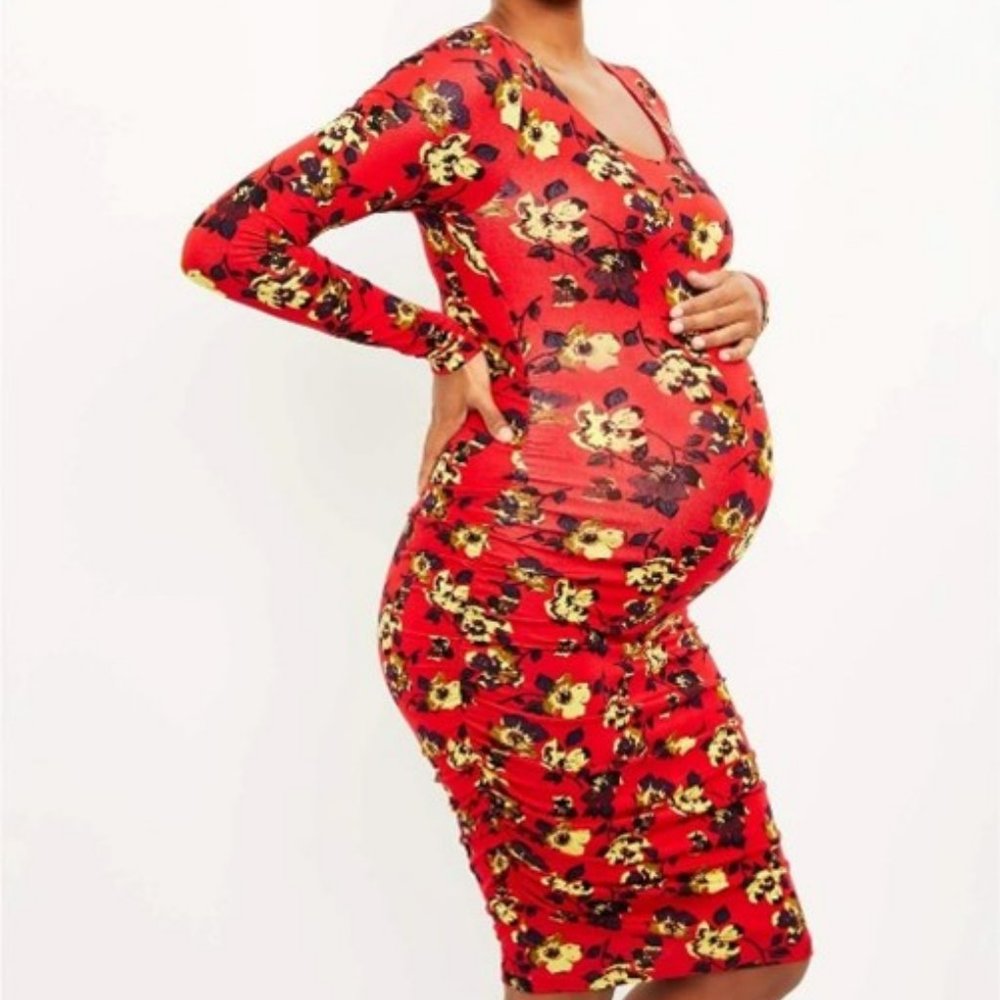 LUXE SIDE RUCHED LONG SLEEVE MATERNITY DRESS-Red